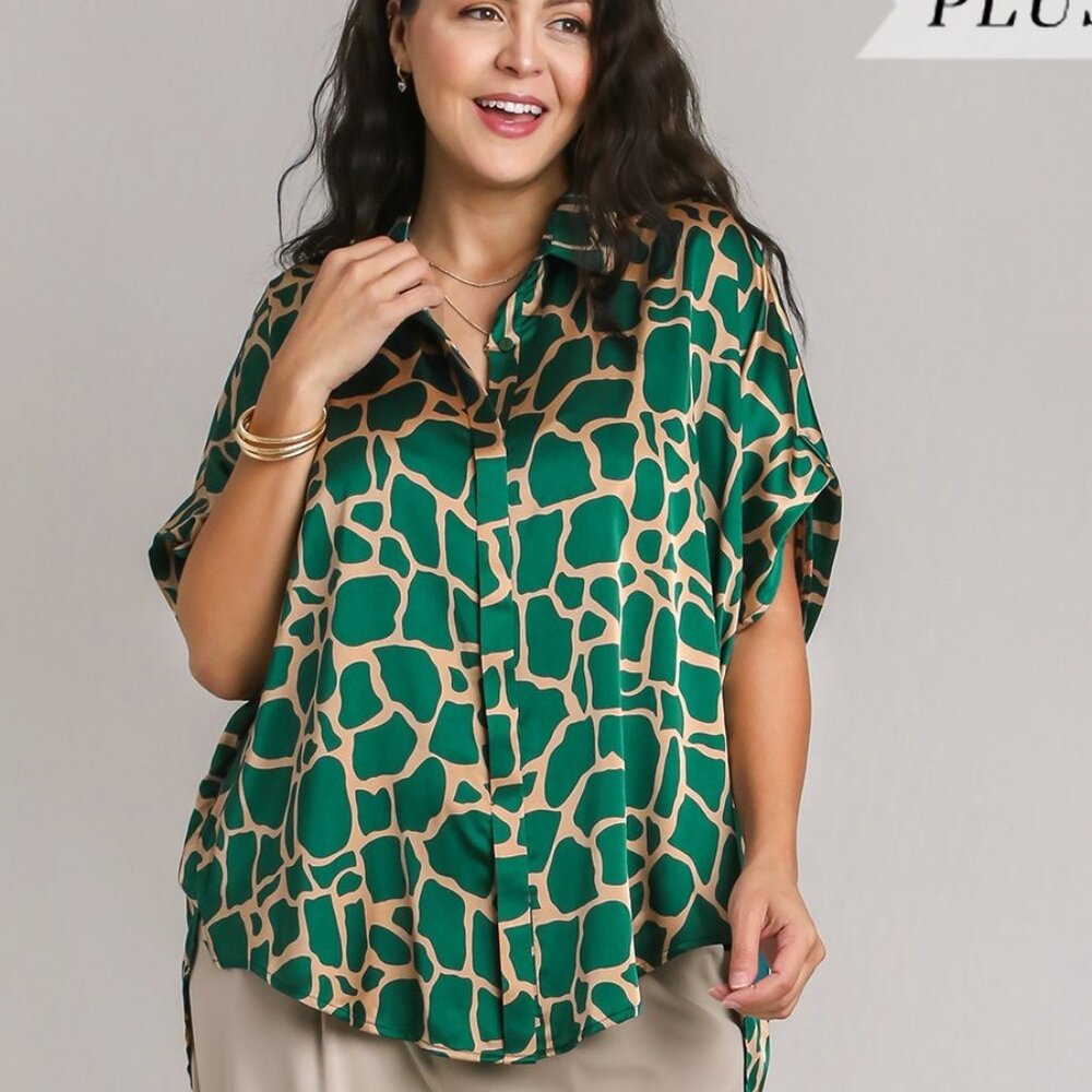 Umgee Plus Green Mix Animal Print Button Down Print Side Slit High Low-Hem Top
